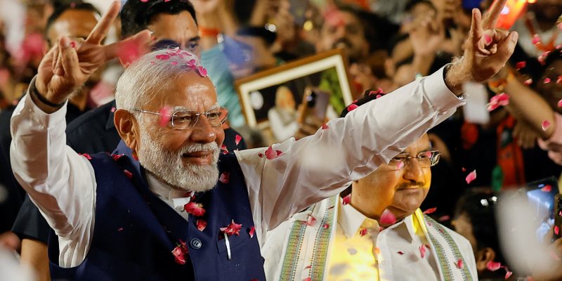 Indian Prime Minister Narendra Modi gestures as he arrives at Bharatiya Janata Party (BJP) headquarters in New Delhi, India, June 4, 2024. REUTERS/Adnan Abidi