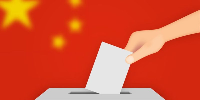 China election banner background. Ballot Box with blurred flag